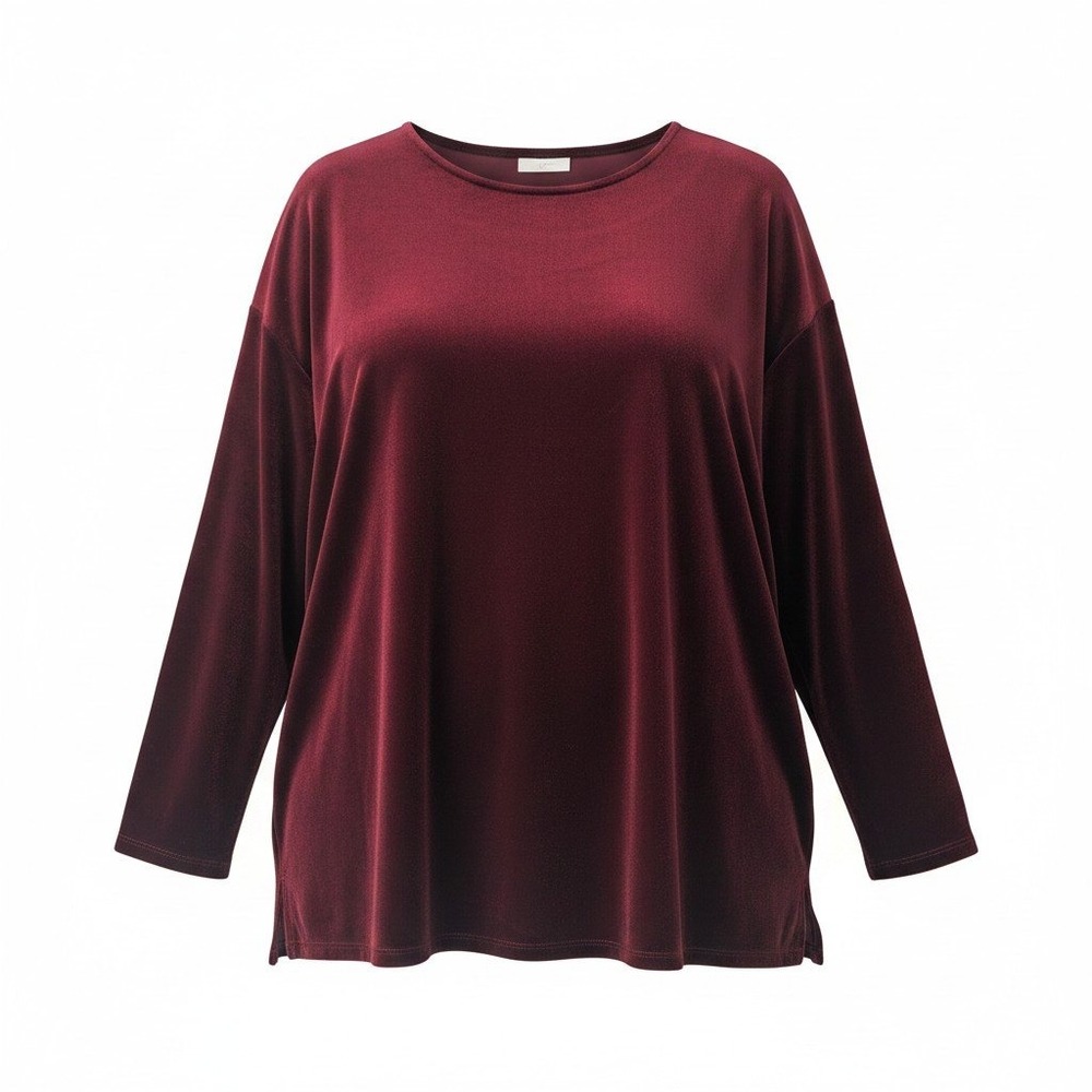 J. Jill Women Plus‎ Size 1X Burgundy Velvet Long Sleeve Crew Neck Top Romantic